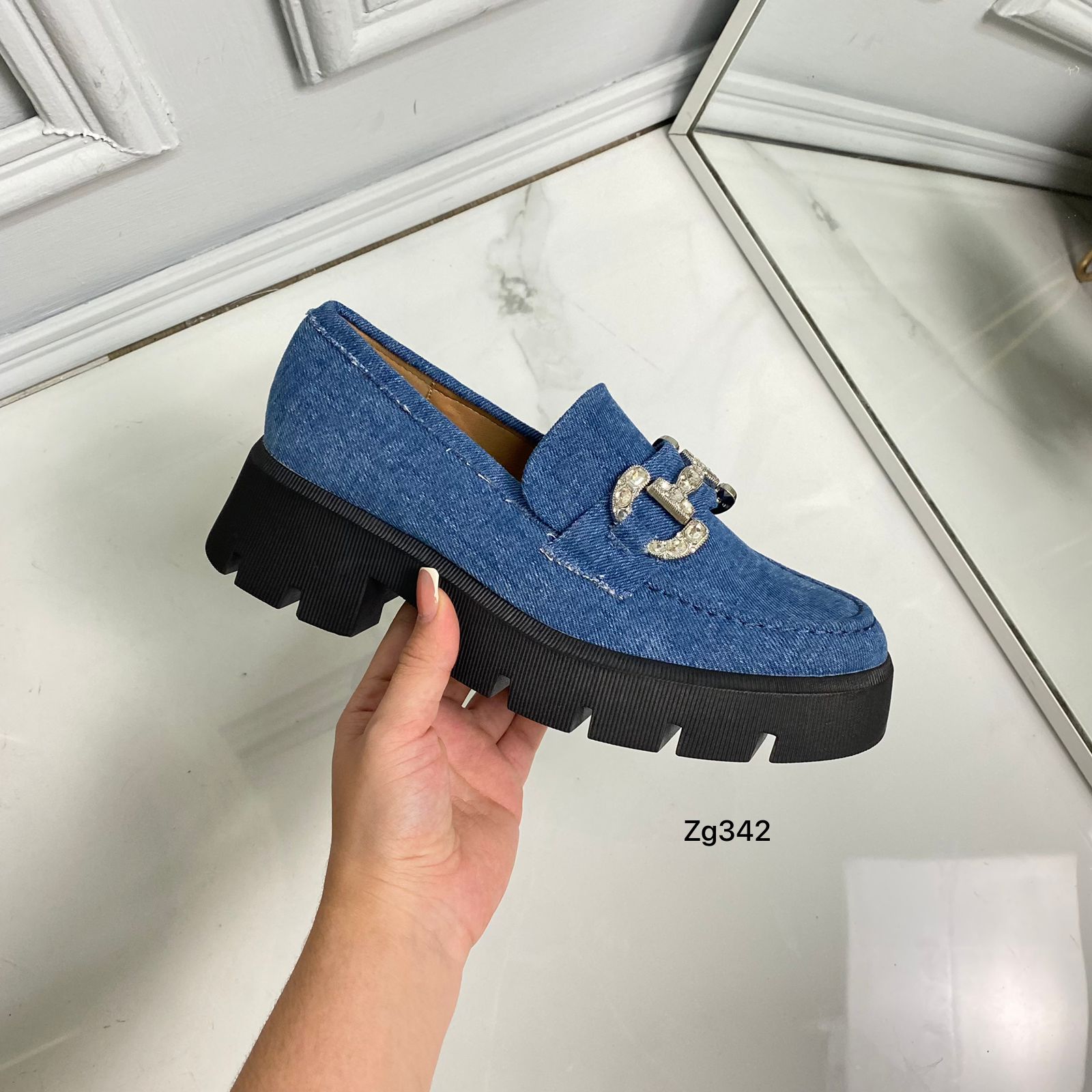 Mocasine denim apliques plateado suela 5cm G422 C-42